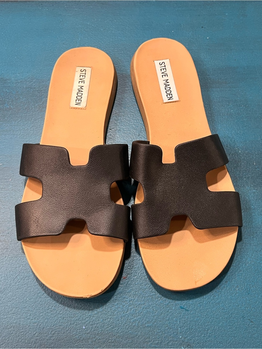 Steve Madden Black Slide Sandals with Tan Insole